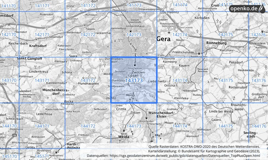 Übersichtskarte des KOSTRA-DWD-2020-Rasterfeldes Nr. 143173