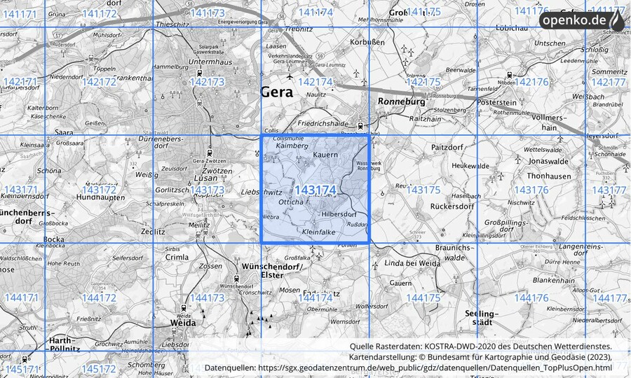 Übersichtskarte des KOSTRA-DWD-2020-Rasterfeldes Nr. 143174