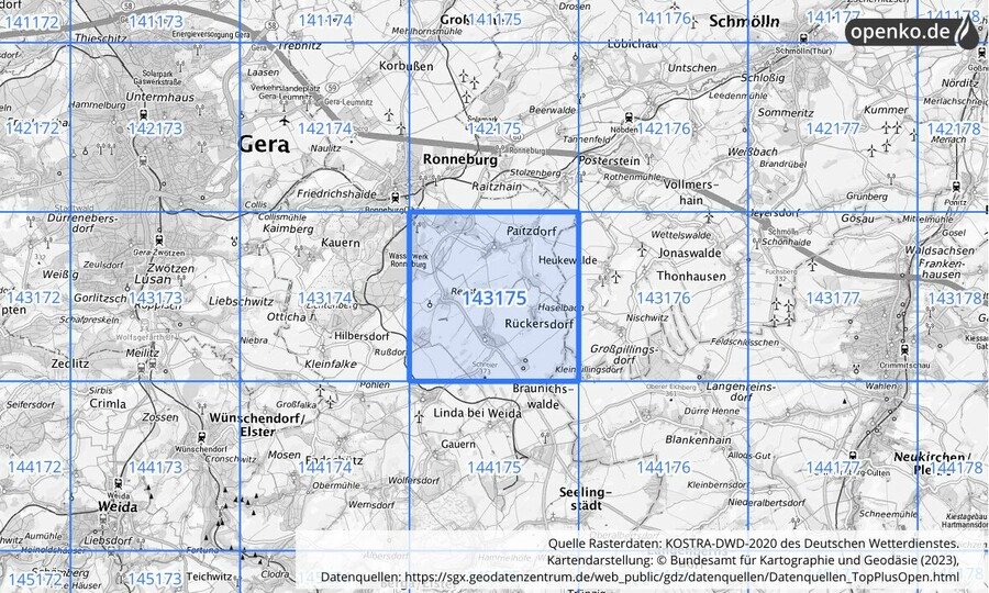 Übersichtskarte des KOSTRA-DWD-2020-Rasterfeldes Nr. 143175