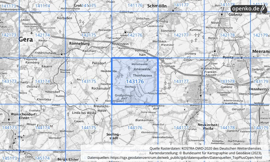 Übersichtskarte des KOSTRA-DWD-2020-Rasterfeldes Nr. 143176