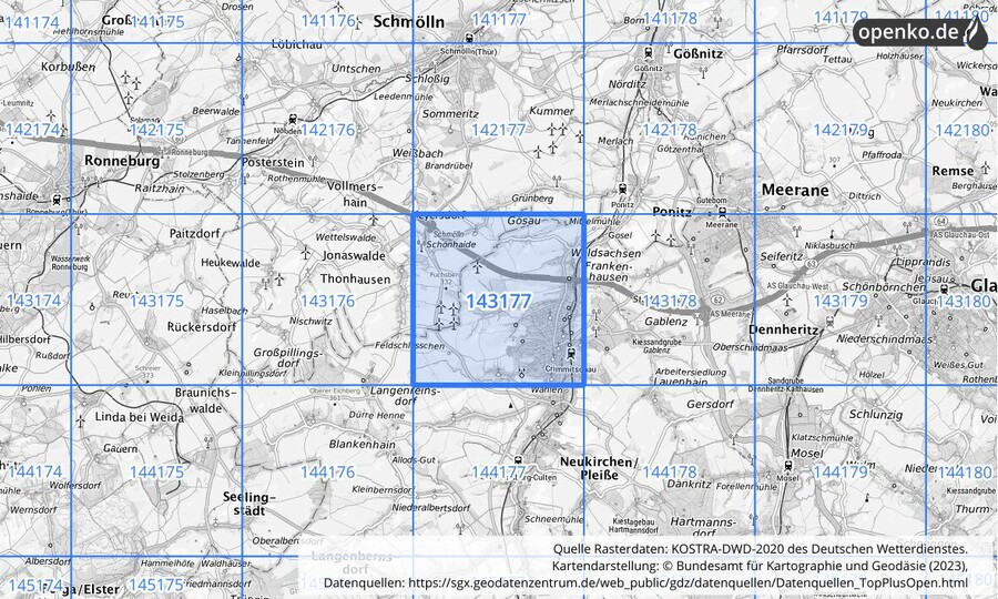 Übersichtskarte des KOSTRA-DWD-2020-Rasterfeldes Nr. 143177