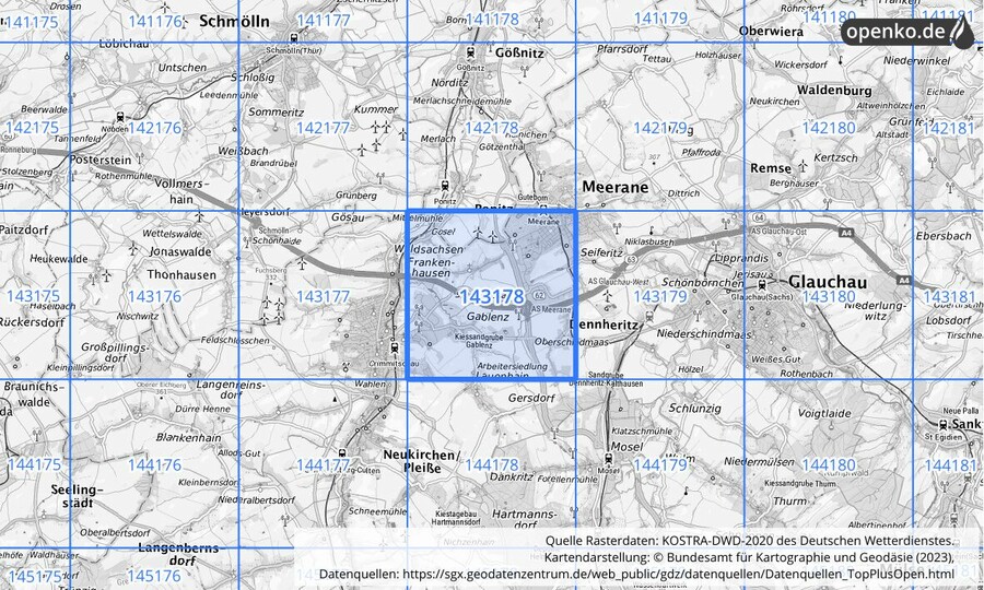 Übersichtskarte des KOSTRA-DWD-2020-Rasterfeldes Nr. 143178