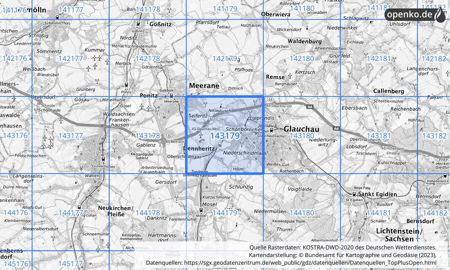 Übersichtskarte des KOSTRA-DWD-2020-Rasterfeldes Nr. 143179