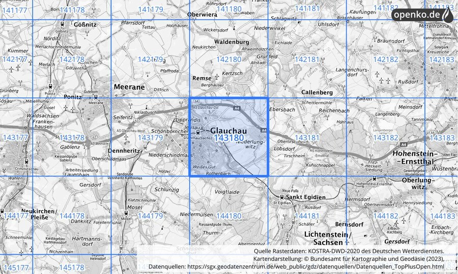 Übersichtskarte des KOSTRA-DWD-2020-Rasterfeldes Nr. 143180