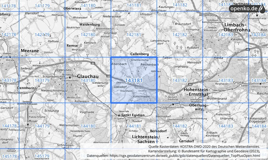 Übersichtskarte des KOSTRA-DWD-2020-Rasterfeldes Nr. 143181