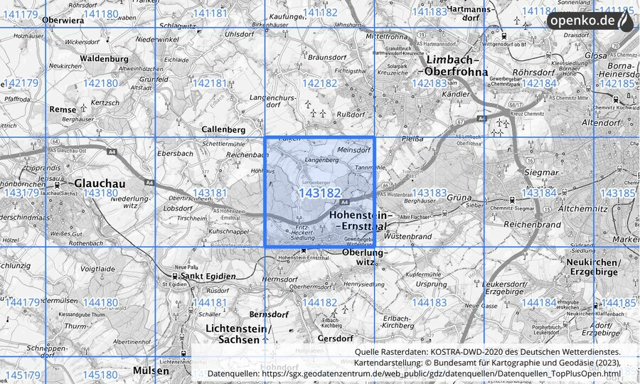 Übersichtskarte des KOSTRA-DWD-2020-Rasterfeldes Nr. 143182