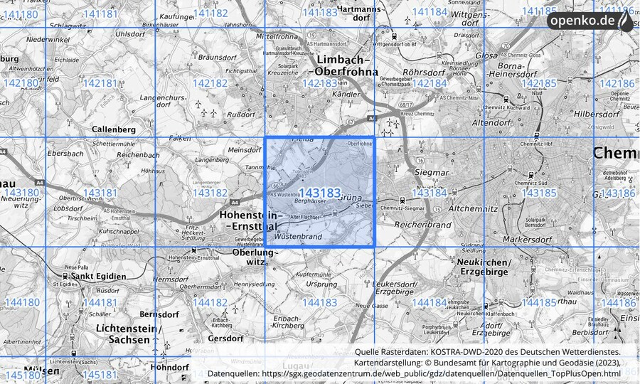 Übersichtskarte des KOSTRA-DWD-2020-Rasterfeldes Nr. 143183