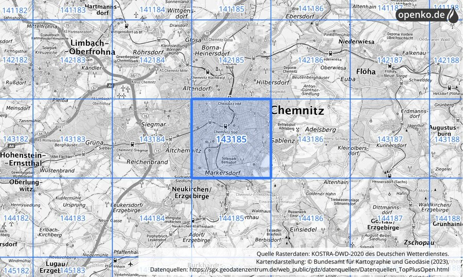 Übersichtskarte des KOSTRA-DWD-2020-Rasterfeldes Nr. 143185