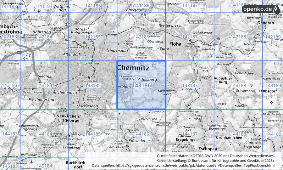 Übersichtskarte des KOSTRA-DWD-2020-Rasterfeldes Nr. 143186