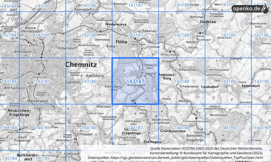 Übersichtskarte des KOSTRA-DWD-2020-Rasterfeldes Nr. 143187