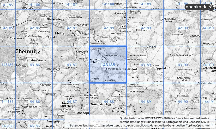 Übersichtskarte des KOSTRA-DWD-2020-Rasterfeldes Nr. 143188
