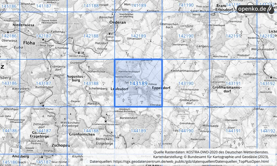 Übersichtskarte des KOSTRA-DWD-2020-Rasterfeldes Nr. 143189
