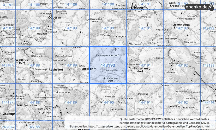 Übersichtskarte des KOSTRA-DWD-2020-Rasterfeldes Nr. 143190