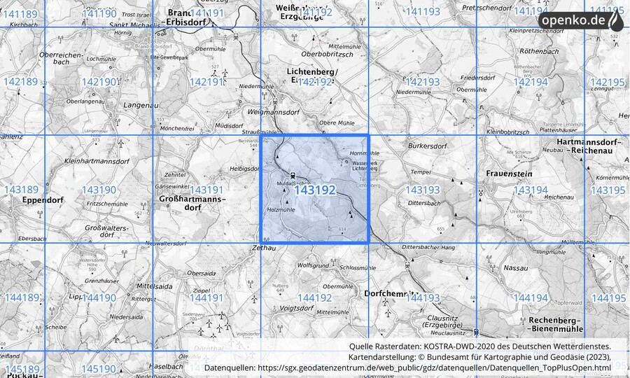 Übersichtskarte des KOSTRA-DWD-2020-Rasterfeldes Nr. 143192