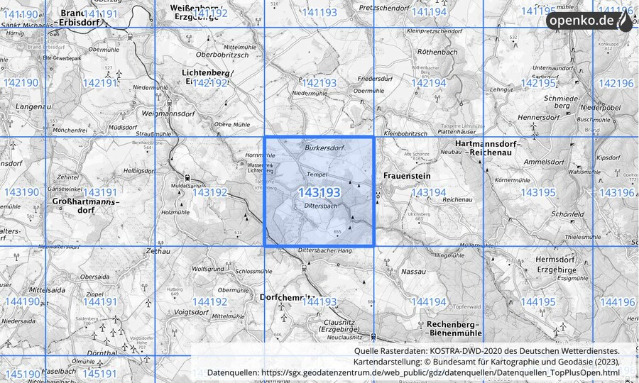 Übersichtskarte des KOSTRA-DWD-2020-Rasterfeldes Nr. 143193