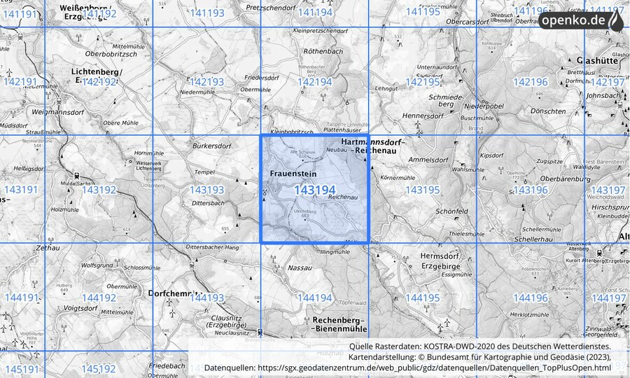 Übersichtskarte des KOSTRA-DWD-2020-Rasterfeldes Nr. 143194