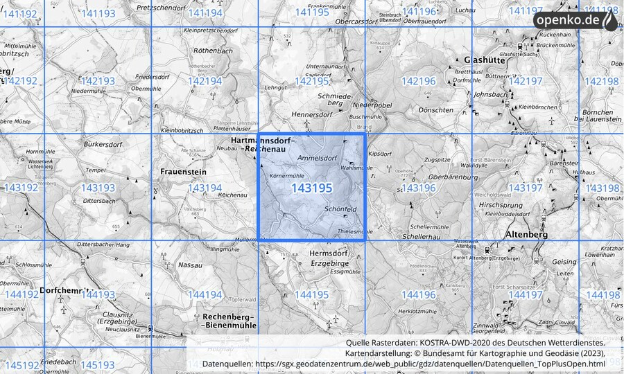 Übersichtskarte des KOSTRA-DWD-2020-Rasterfeldes Nr. 143195