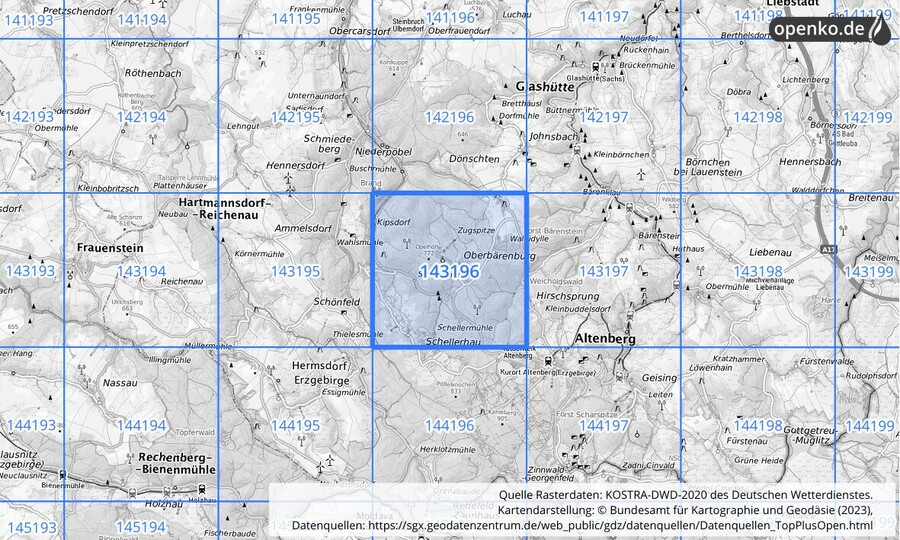 Übersichtskarte des KOSTRA-DWD-2020-Rasterfeldes Nr. 143196