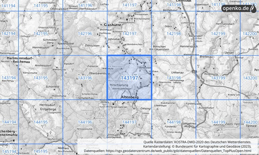 Übersichtskarte des KOSTRA-DWD-2020-Rasterfeldes Nr. 143197