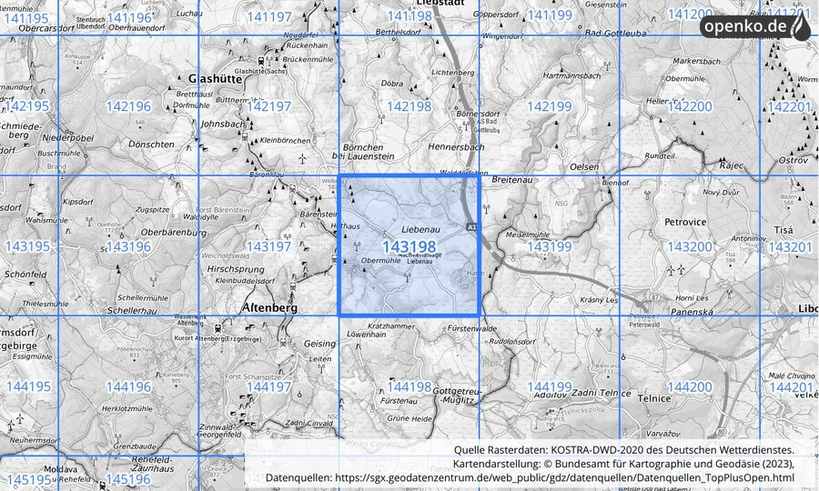 Übersichtskarte des KOSTRA-DWD-2020-Rasterfeldes Nr. 143198