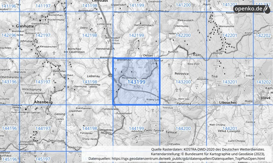 Übersichtskarte des KOSTRA-DWD-2020-Rasterfeldes Nr. 143199