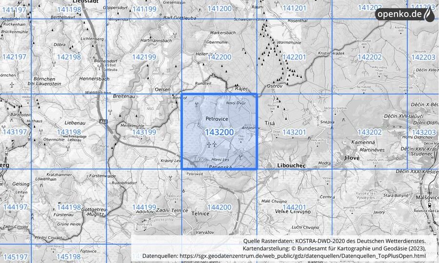 Übersichtskarte des KOSTRA-DWD-2020-Rasterfeldes Nr. 143200