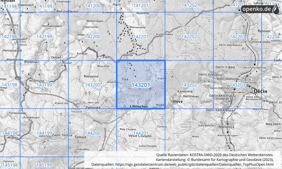 Übersichtskarte des KOSTRA-DWD-2020-Rasterfeldes Nr. 143201