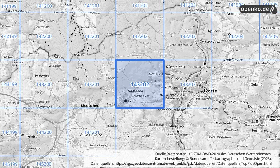 Übersichtskarte des KOSTRA-DWD-2020-Rasterfeldes Nr. 143202