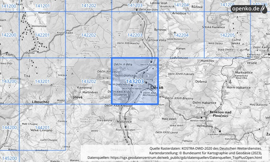 Übersichtskarte des KOSTRA-DWD-2020-Rasterfeldes Nr. 143203
