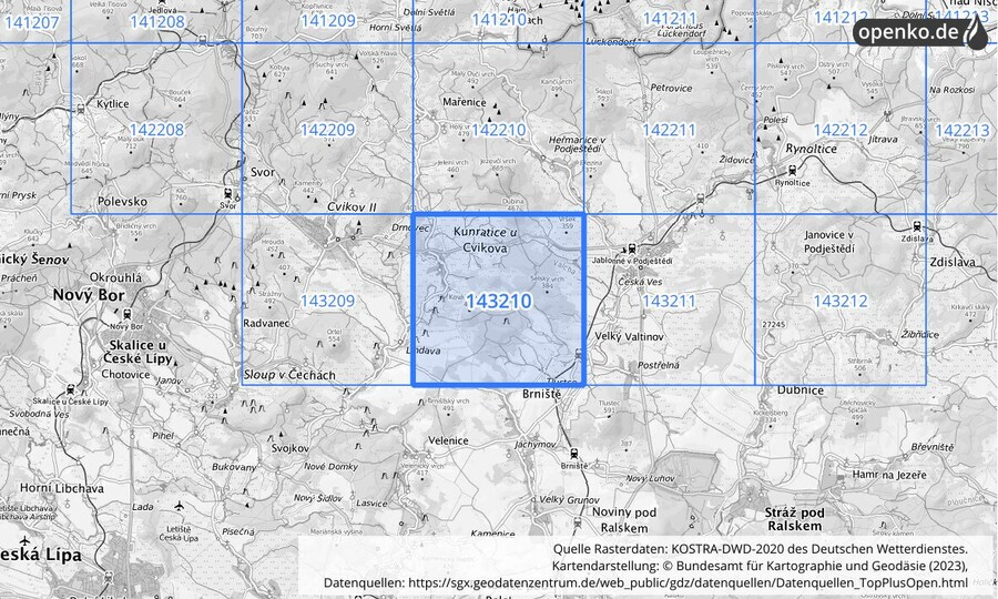Übersichtskarte des KOSTRA-DWD-2020-Rasterfeldes Nr. 143210