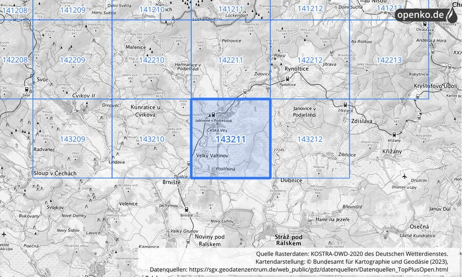 Übersichtskarte des KOSTRA-DWD-2020-Rasterfeldes Nr. 143211