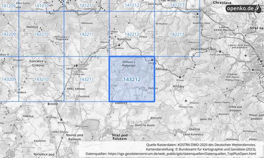 Übersichtskarte des KOSTRA-DWD-2020-Rasterfeldes Nr. 143212