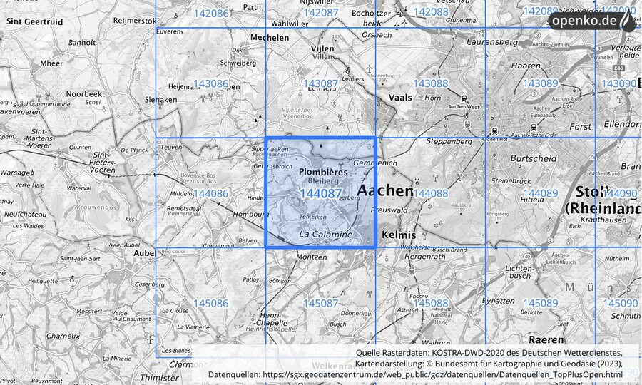 Übersichtskarte des KOSTRA-DWD-2020-Rasterfeldes Nr. 144087