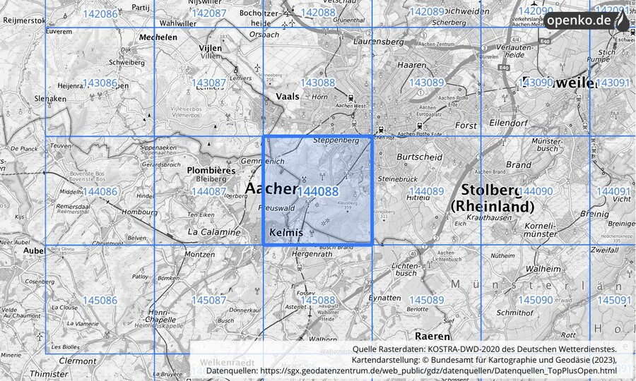 Übersichtskarte des KOSTRA-DWD-2020-Rasterfeldes Nr. 144088