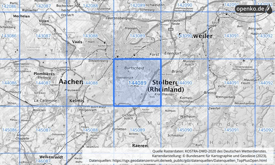 Übersichtskarte des KOSTRA-DWD-2020-Rasterfeldes Nr. 144089