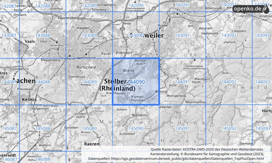 Übersichtskarte des KOSTRA-DWD-2020-Rasterfeldes Nr. 144090