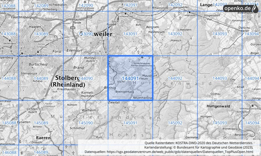 Übersichtskarte des KOSTRA-DWD-2020-Rasterfeldes Nr. 144091