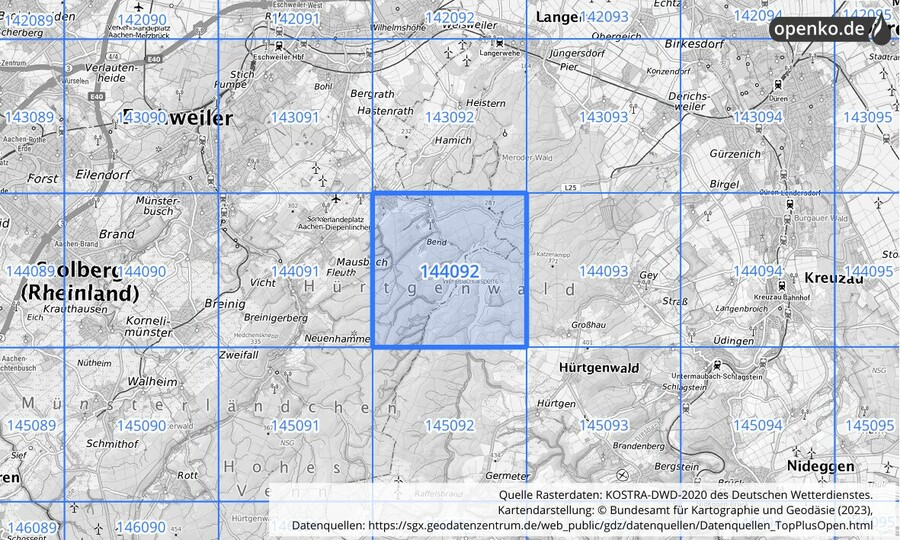 Übersichtskarte des KOSTRA-DWD-2020-Rasterfeldes Nr. 144092