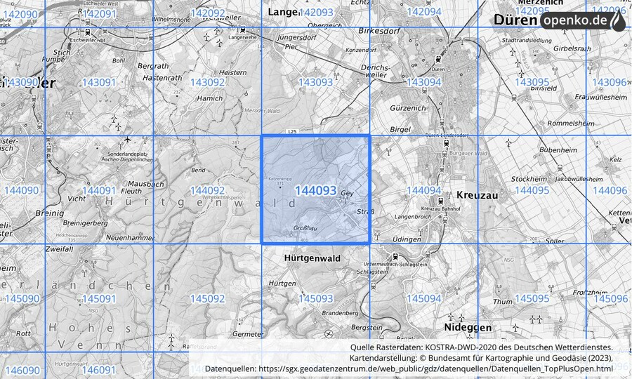 Übersichtskarte des KOSTRA-DWD-2020-Rasterfeldes Nr. 144093