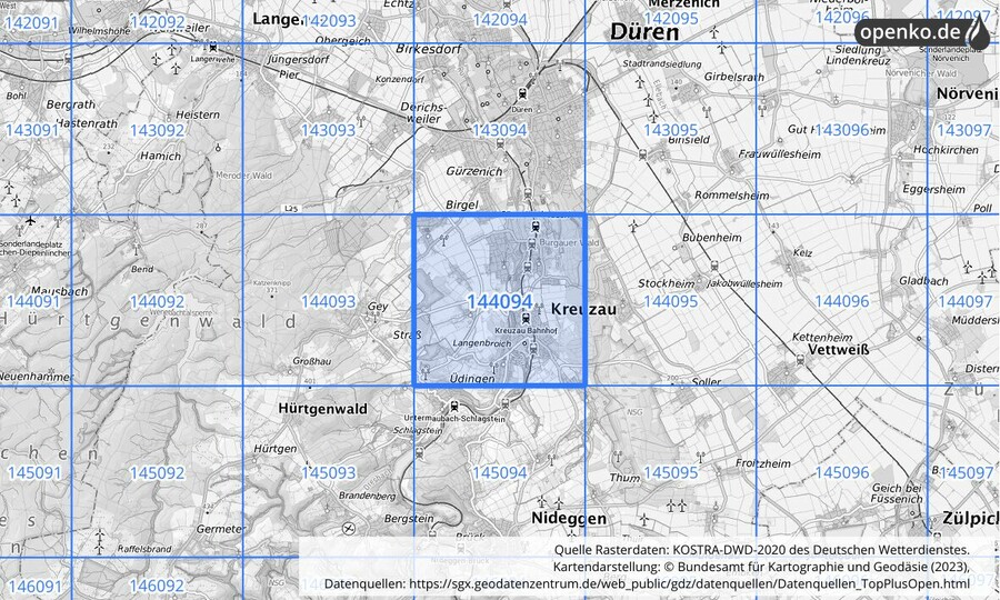 Übersichtskarte des KOSTRA-DWD-2020-Rasterfeldes Nr. 144094