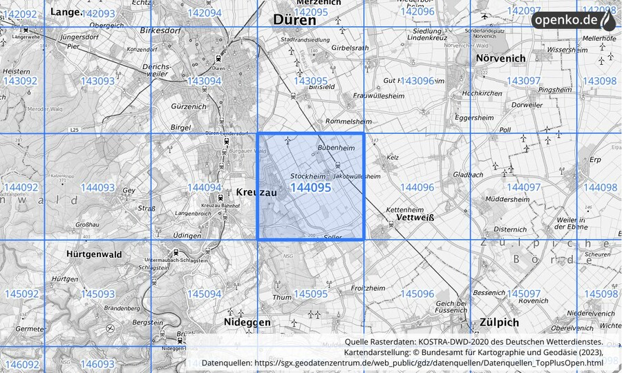 Übersichtskarte des KOSTRA-DWD-2020-Rasterfeldes Nr. 144095