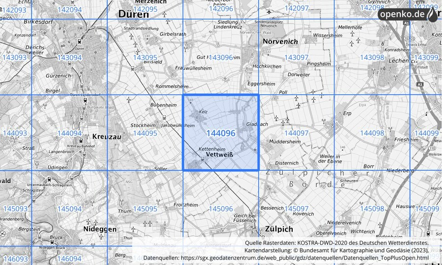 Übersichtskarte des KOSTRA-DWD-2020-Rasterfeldes Nr. 144096