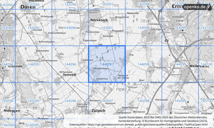 Übersichtskarte des KOSTRA-DWD-2020-Rasterfeldes Nr. 144097