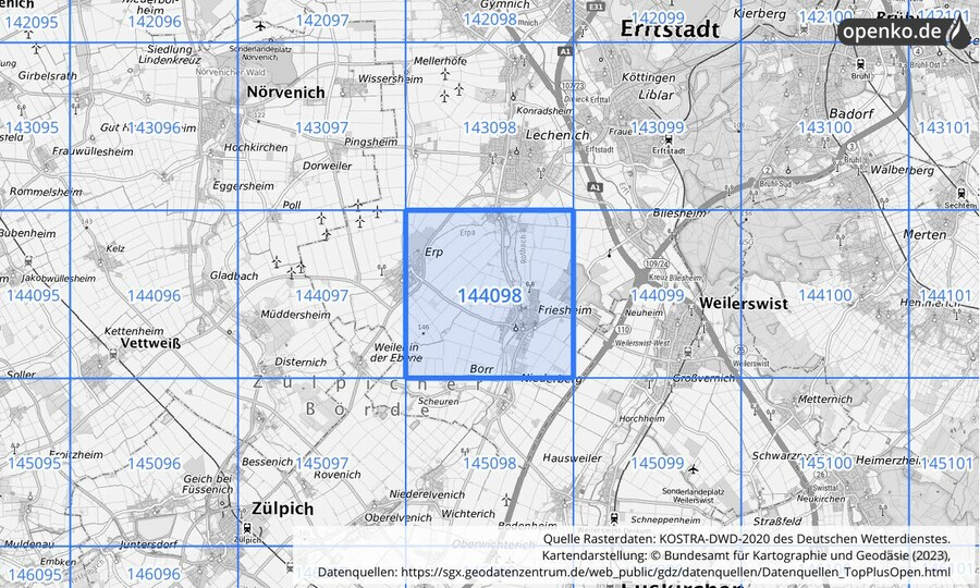 Übersichtskarte des KOSTRA-DWD-2020-Rasterfeldes Nr. 144098