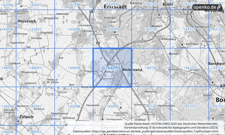 Übersichtskarte des KOSTRA-DWD-2020-Rasterfeldes Nr. 144099