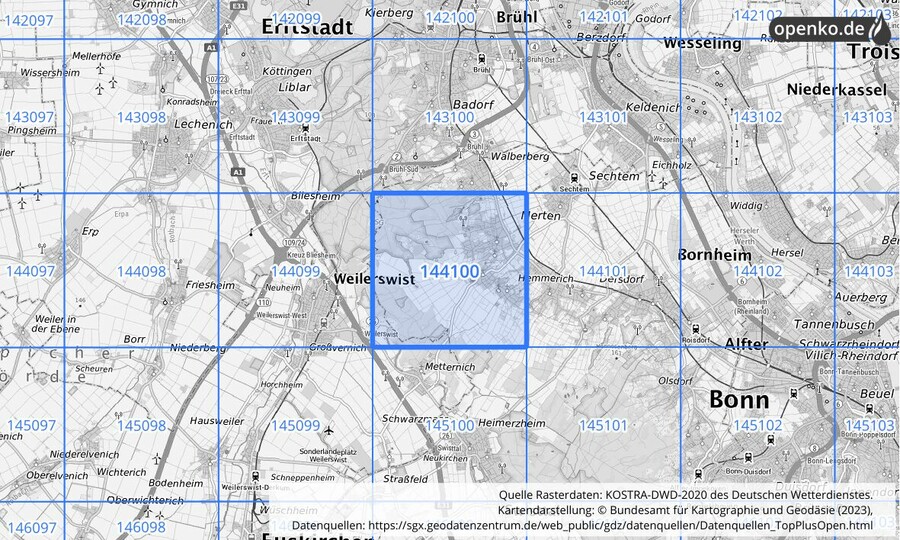 Übersichtskarte des KOSTRA-DWD-2020-Rasterfeldes Nr. 144100