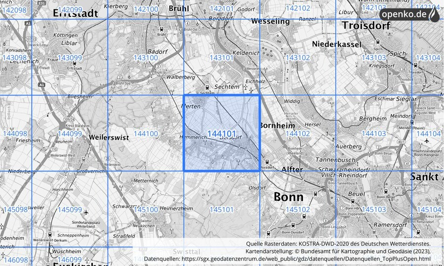 Übersichtskarte des KOSTRA-DWD-2020-Rasterfeldes Nr. 144101