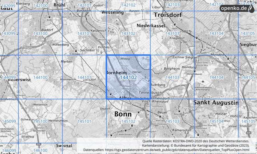 Übersichtskarte des KOSTRA-DWD-2020-Rasterfeldes Nr. 144102