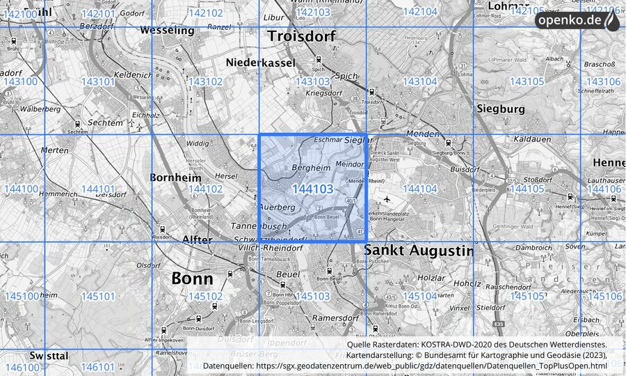 Übersichtskarte des KOSTRA-DWD-2020-Rasterfeldes Nr. 144103