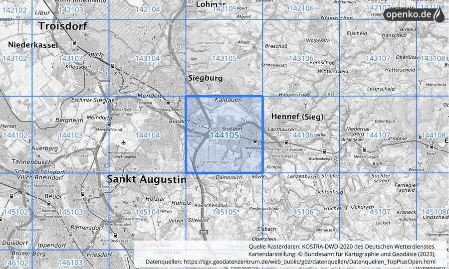 Übersichtskarte des KOSTRA-DWD-2020-Rasterfeldes Nr. 144105